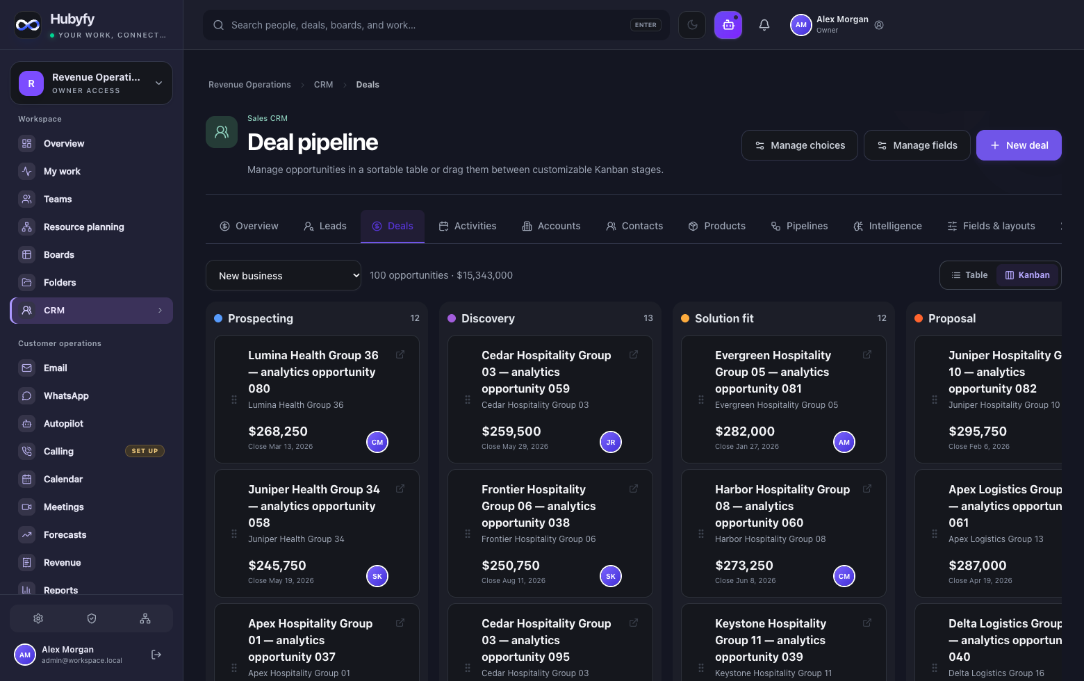 Hubyfy sales pipeline in dark mode with demonstration data