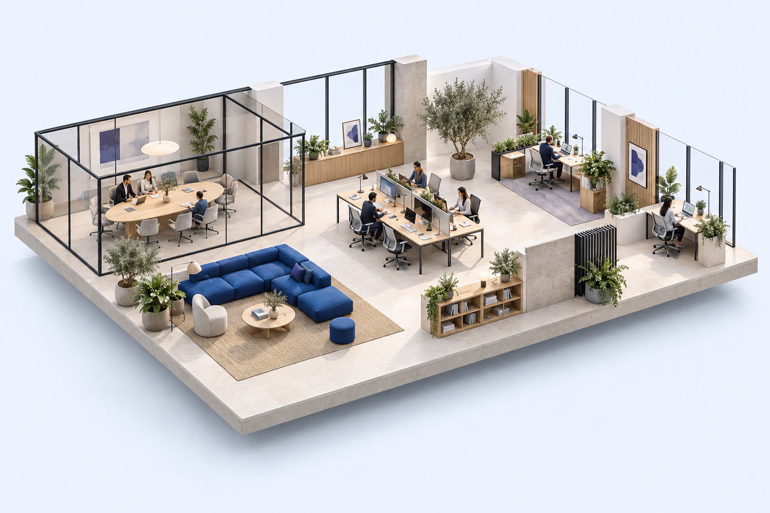 Architectural concept illustration of a shared office with workstations, a lounge and a meeting room